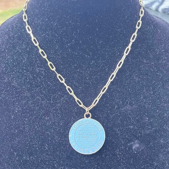 Louis Vuitton Trunks & Bags Blue Charm Pendant on a 14K Gold Plated Chain - 16” - Picture 4 of 5